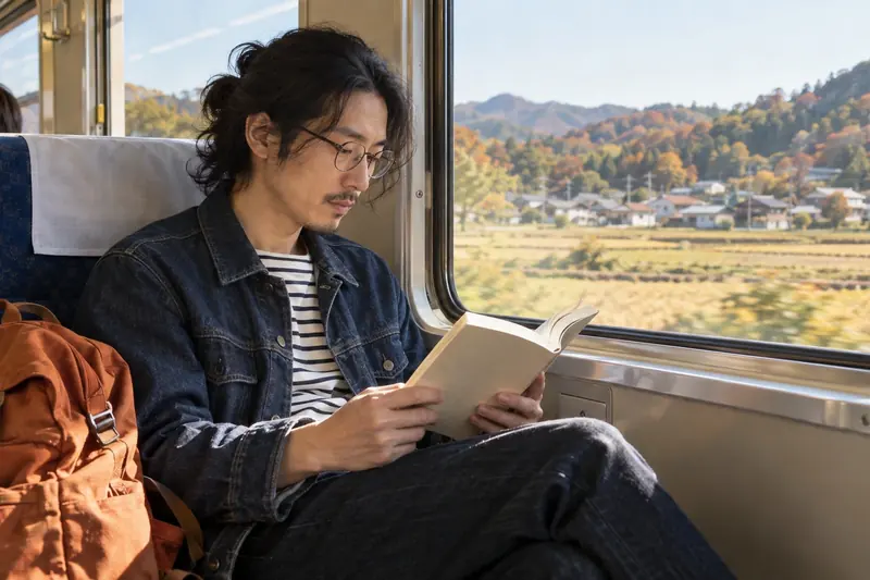 창밖으로 들판이 지나가는 기차 안에서 책을 읽는 사람