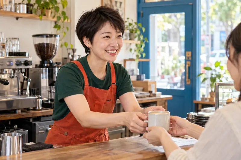 작은 카페 바에서 손님에게 잔을 건네는 주인