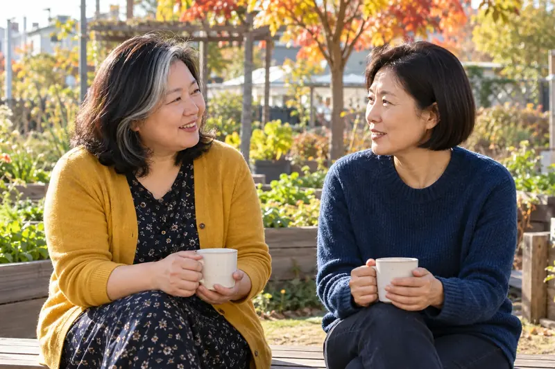 야외 벤치에서 찻잔을 들고 마주 보며 이야기하는 두 사람