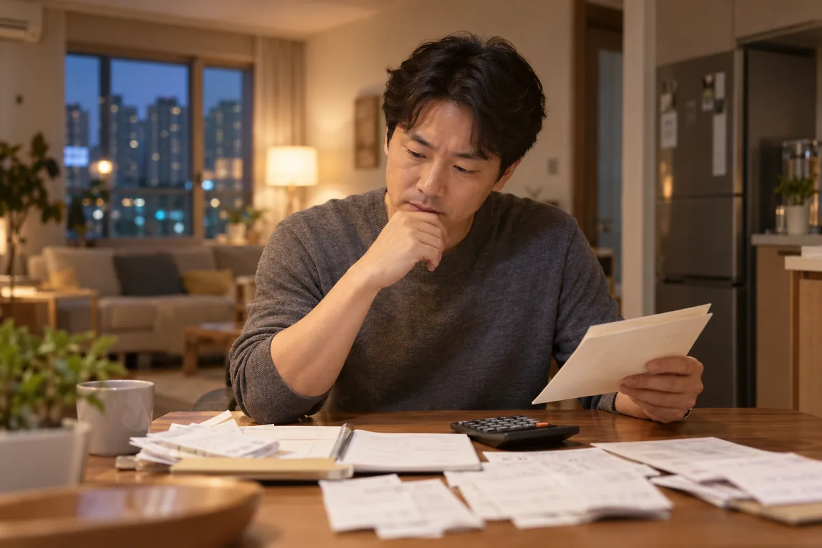 직장인이 월급과 생활비 서류를 대조하는 장면
