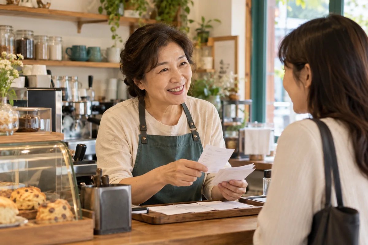 동네 가게 주인이 방문 고객을 응대하며 주문 기록을 살피는 장면