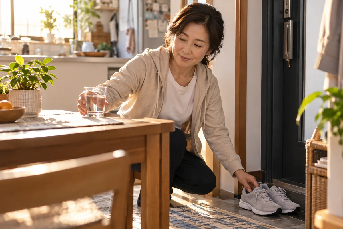 아침에 물 한 잔과 운동화를 준비하며 작은 습관을 시작하는 장면