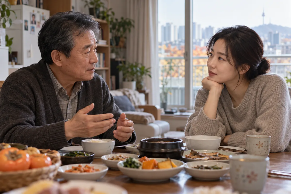 명절 식탁에서 세대가 서로의 말을 듣는 장면