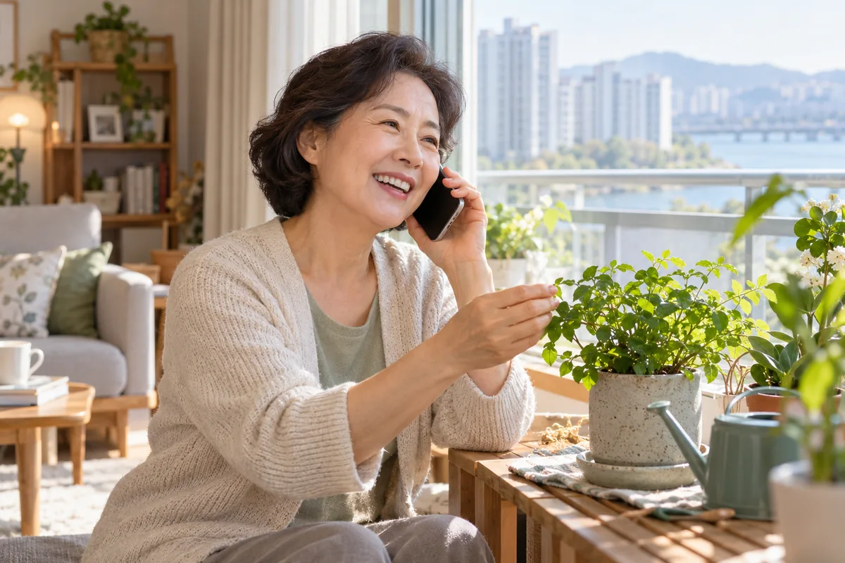 혼자 사는 사람이 친구와 전화로 안부를 나누는 장면
