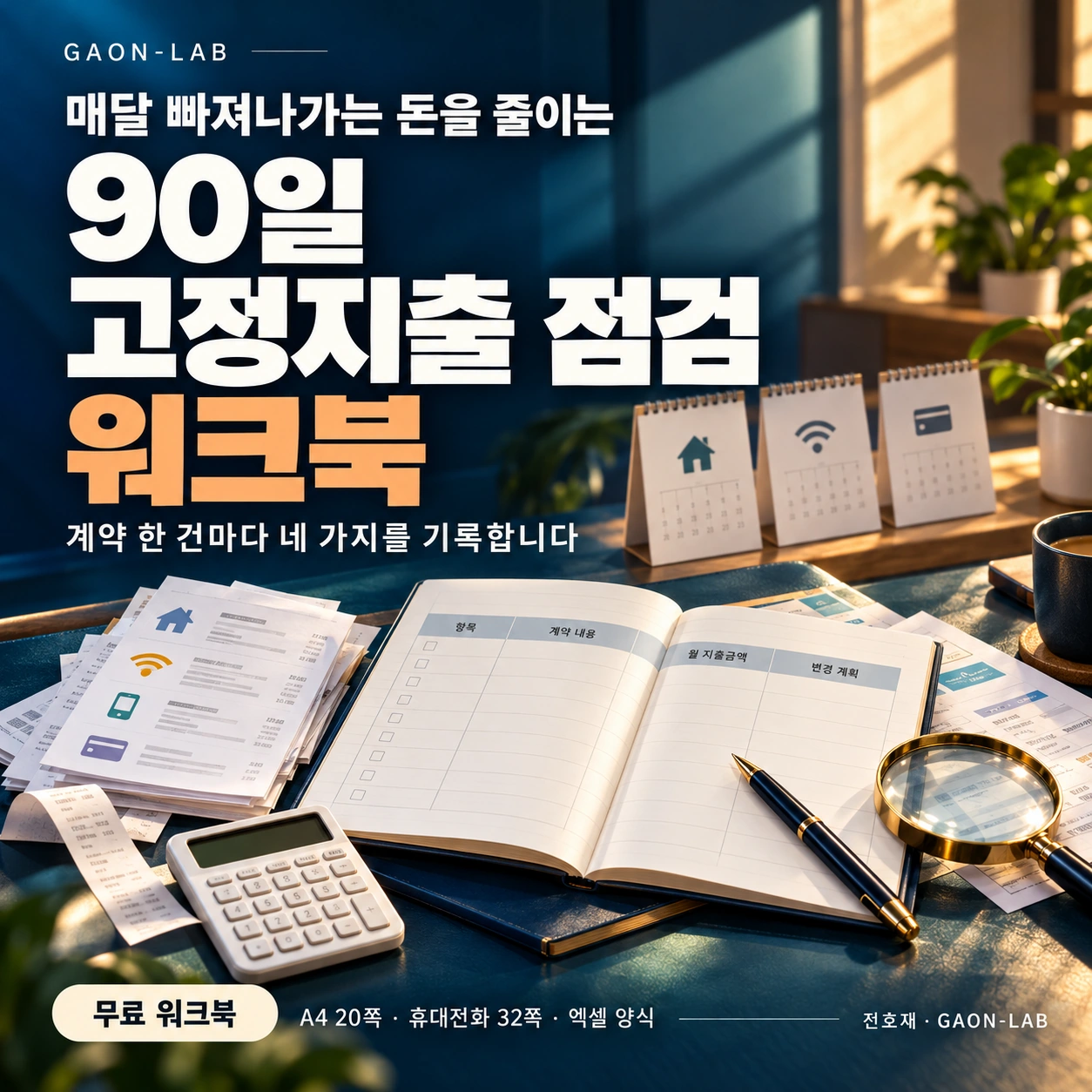 90일 고정지출 점검 워크북 표지: 큰 제목과 계약 점검표·청구서·달력
