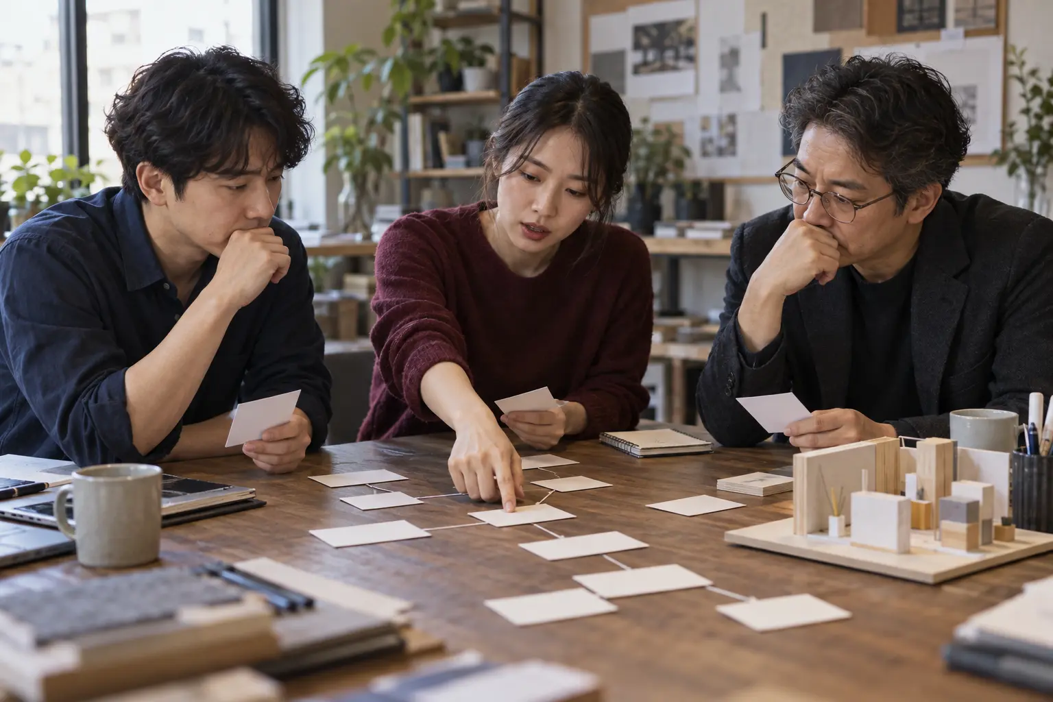 작은 조직의 세 구성원이 의사결정 카드를 함께 검토하는 장면